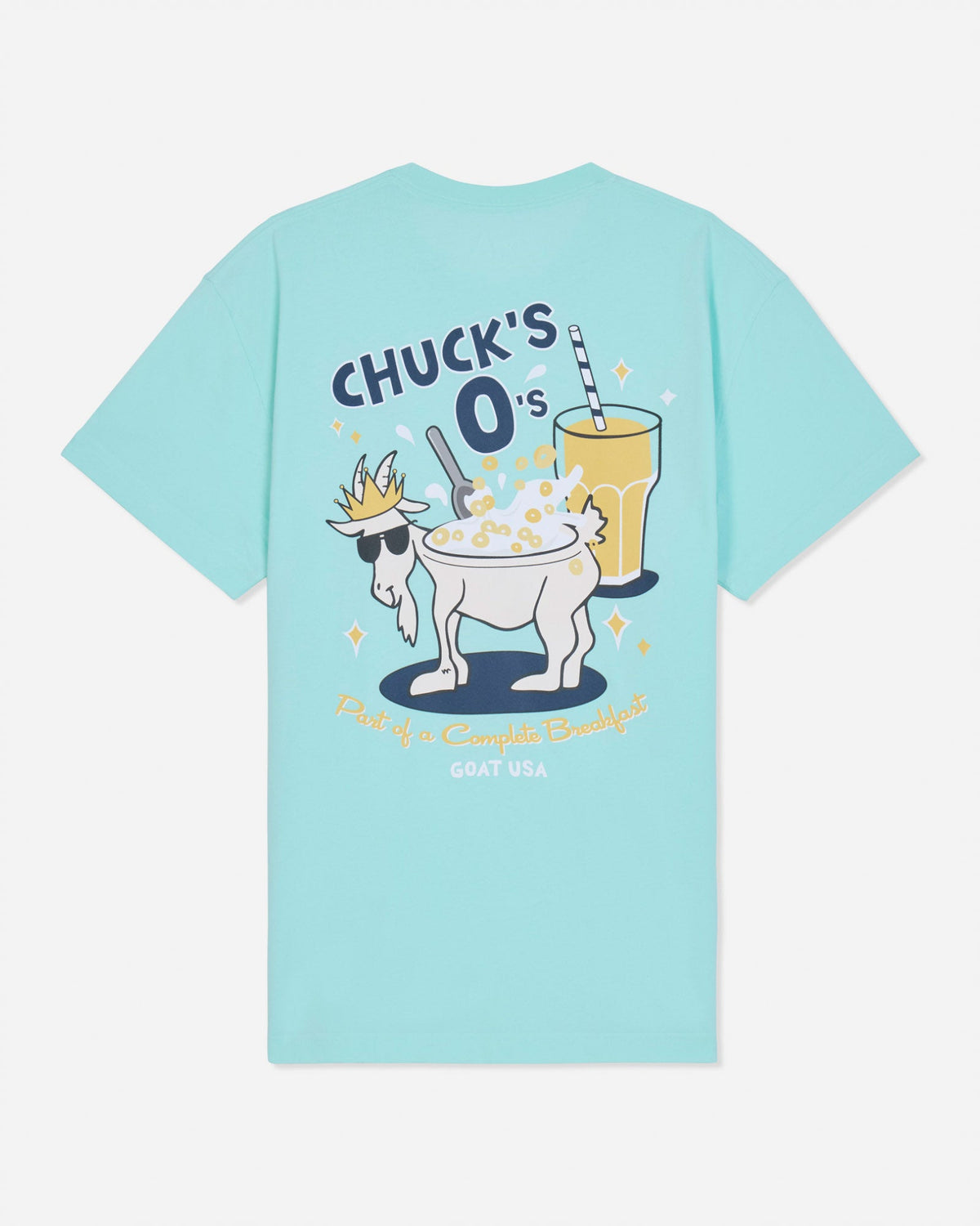 Mint t-shirt with cereal goat graphic and text that reads 'Chuck's O's Part of a Complete Breakfast'
