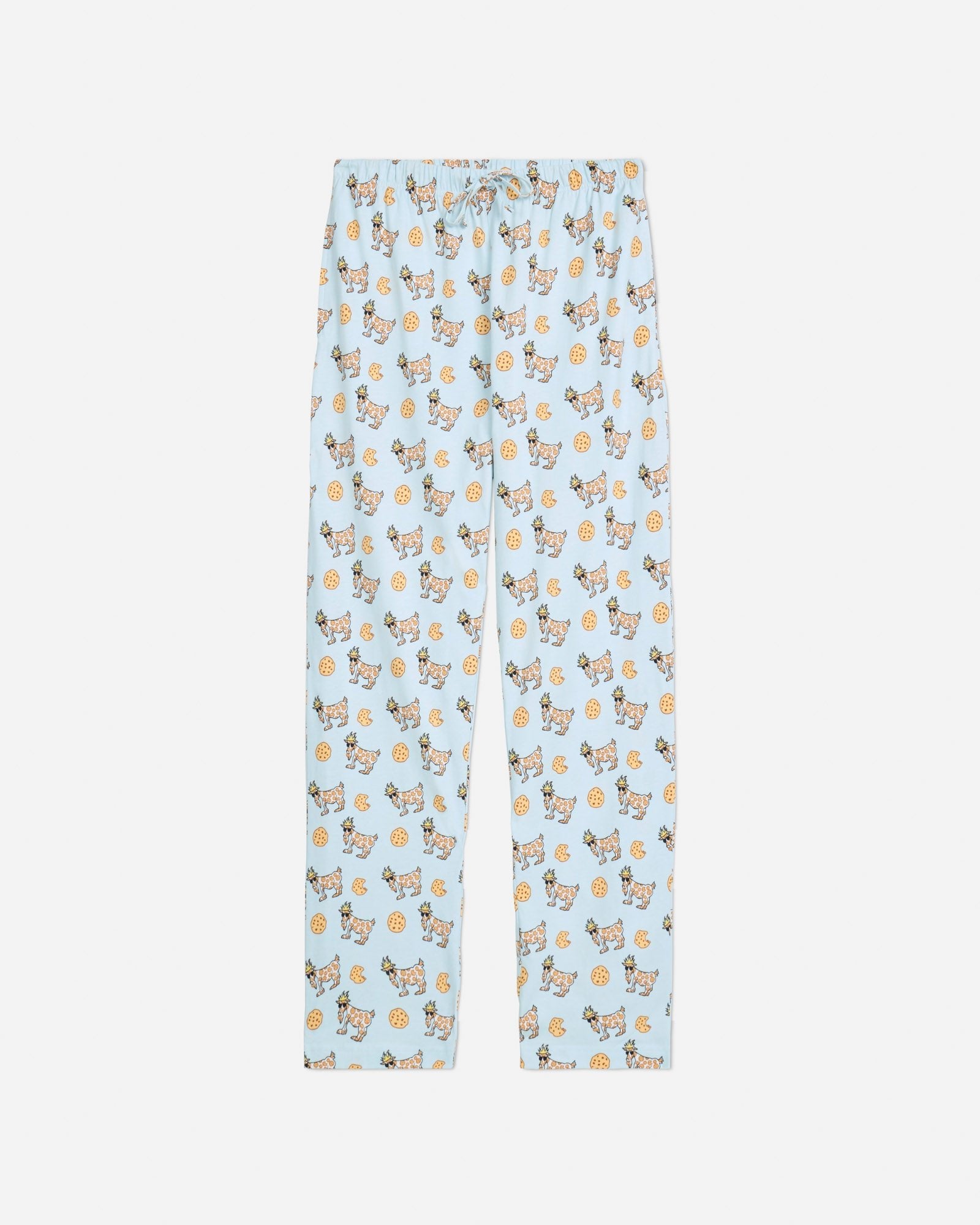 Front of ice blue pajama pants with cookie and cookie goats pattern