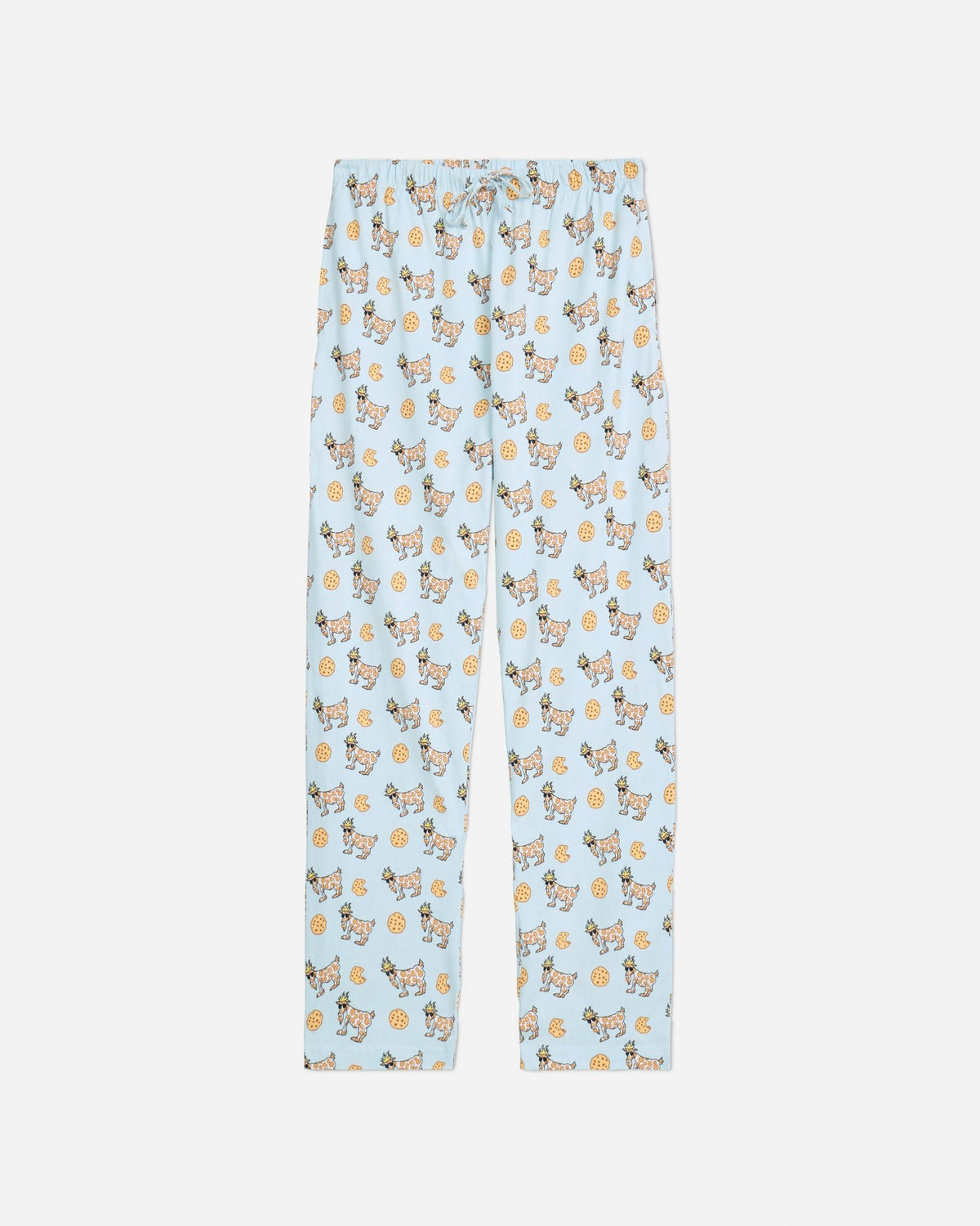 Front of ice blue pajama pants with cookie and cookie goats pattern