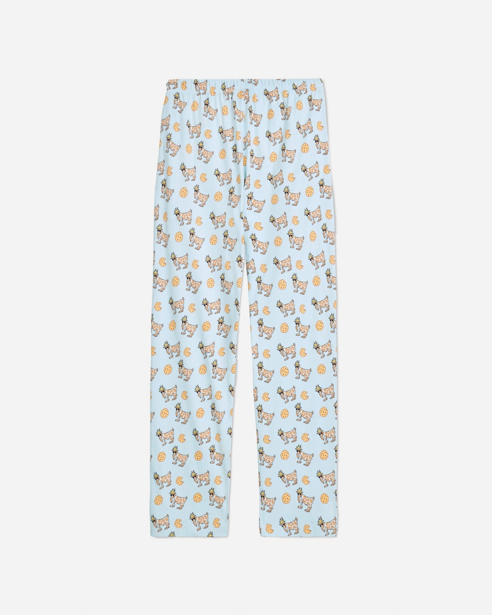 Back of ice blue pajama pants with cookie and cookie goats pattern