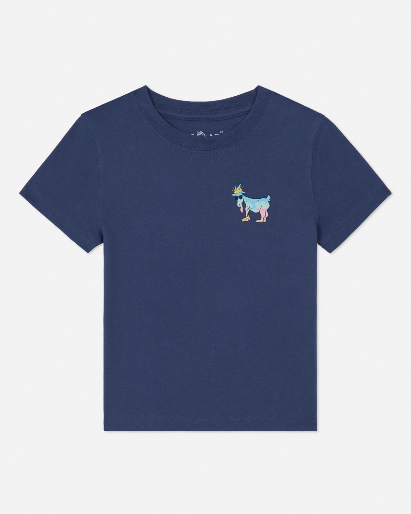 Navy blue t-shirt with a colorful goat graphic on a white background
