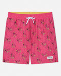 Pink swim shorts with a pattern on a white background