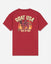 A red short-sleeve t-shirt shown from the back, featuring a large graphic print with the text 'GOAT USA' and 'TRICK OR TREAT' in cream and yellow, surrounding an illustration of a goat in flames.