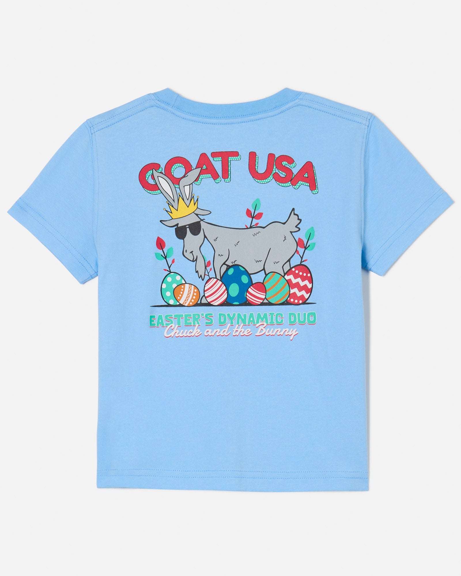 Toddler sized back of blue t-shirt with Chuck the Easter Bunny GOAT design