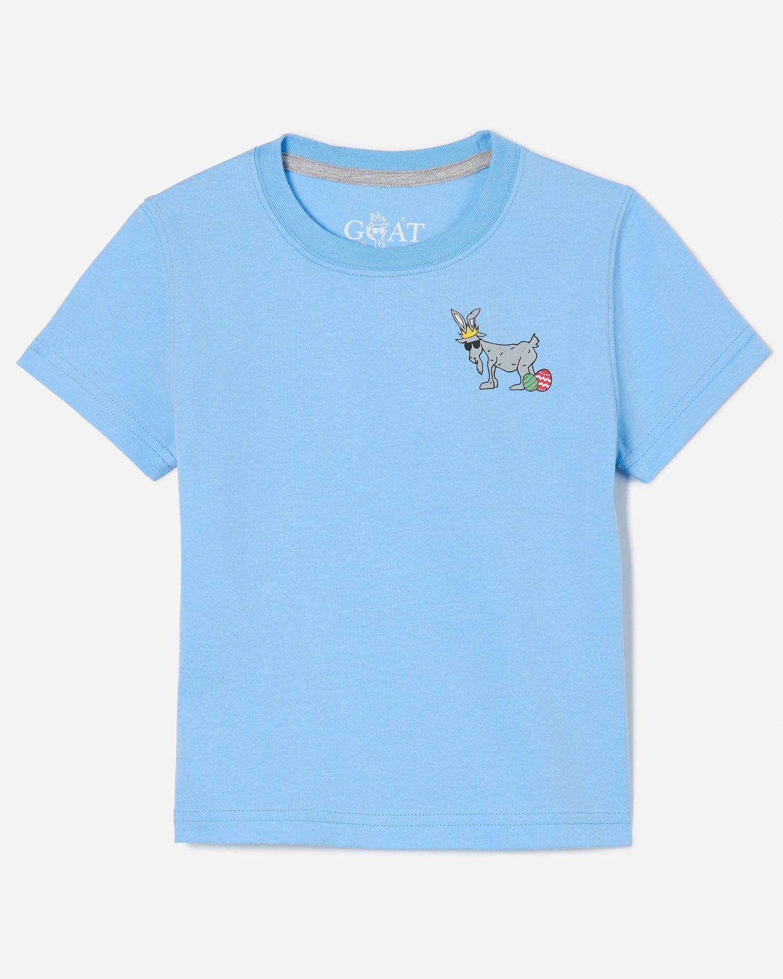 Toddler sized front of blue t-shirt with Chuck the Easter Bunny GOAT left-chest logo