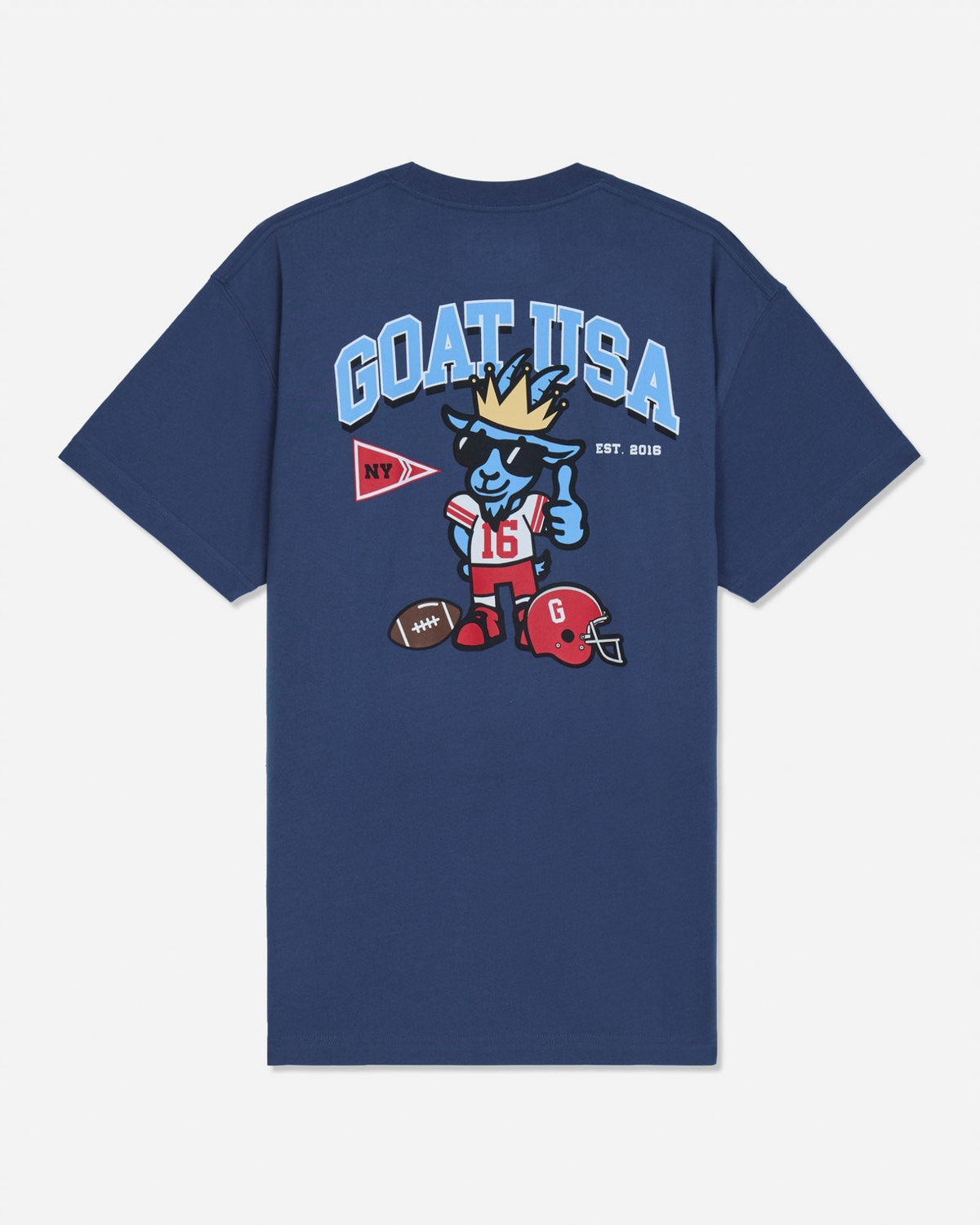 A navy blue short-sleeve t-shirt with a large graphic on the back. The graphic features the text 'GOAT USA' in light blue, a cartoon goat mascot wearing a gold crown and sunglasses, a red football helmet, and a red and white pennant.
