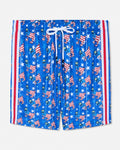 Blue shorts with American flag pattern on a white background