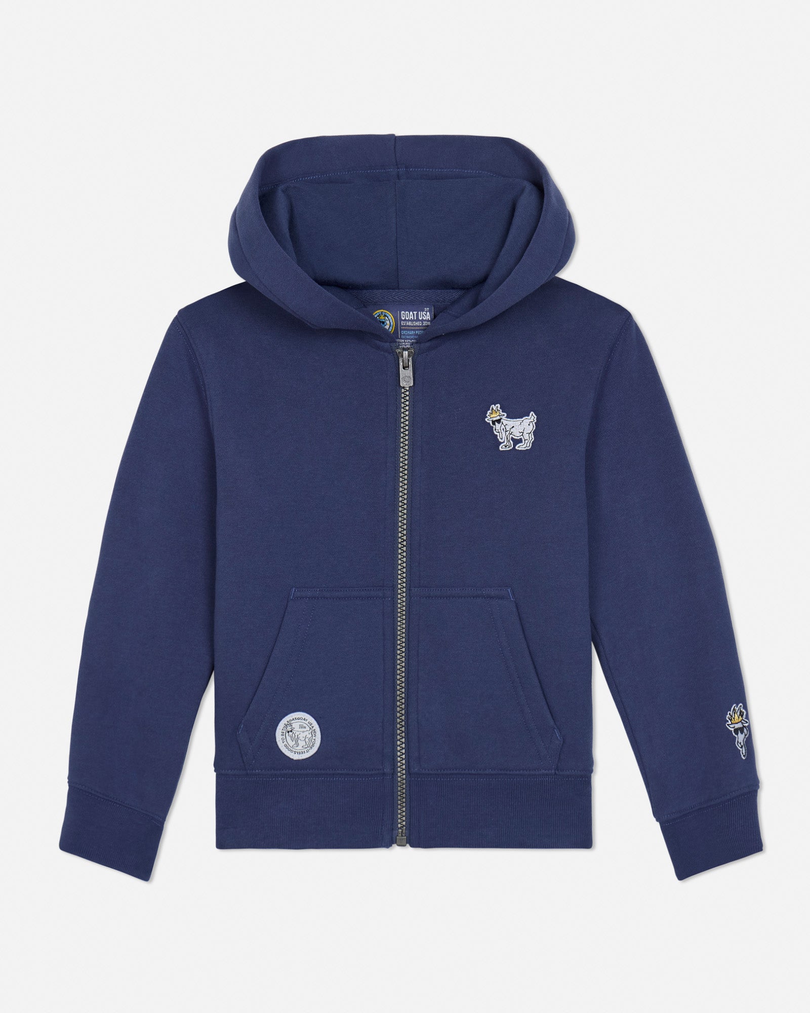 Navy blue toddler-sized hoodie with brand logo on a light gray background#color_navy