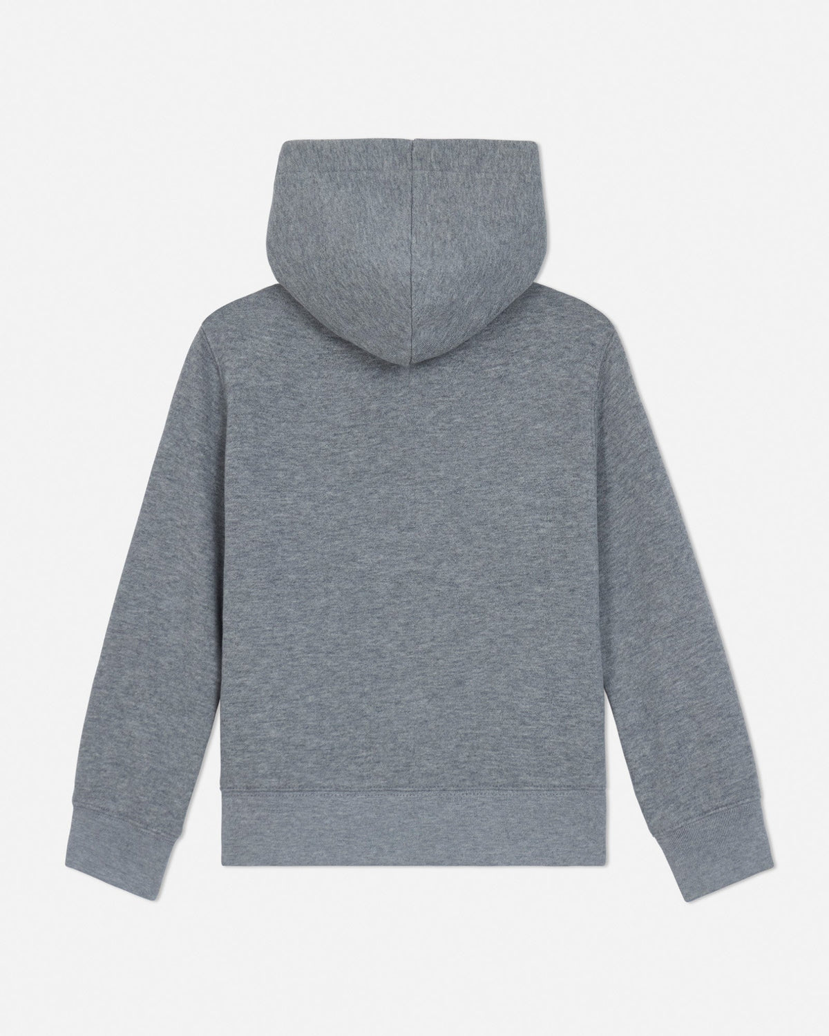 Back of gray toddler-sized hoodie with brand logos on a light gray background
