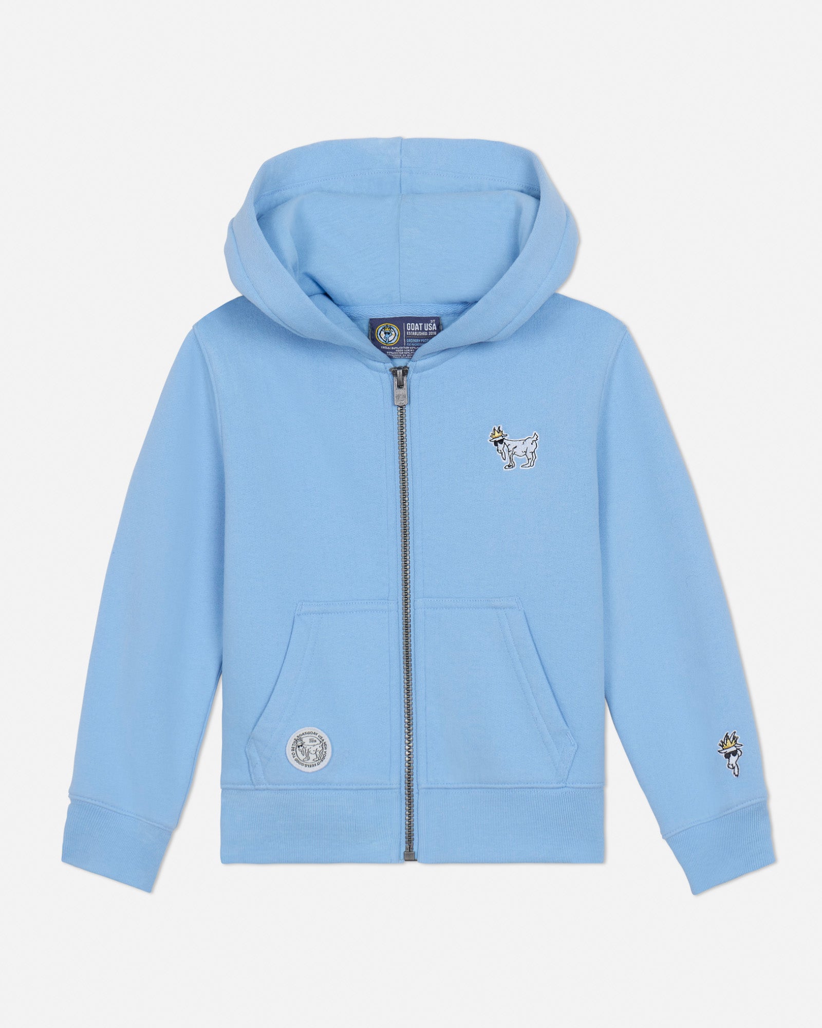 Light blue toddler-sized hoodie with a brand logo on a light gray background#color_carolina-blue