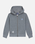 Gray toddler-sized hoodie with brand logos on a light gray background