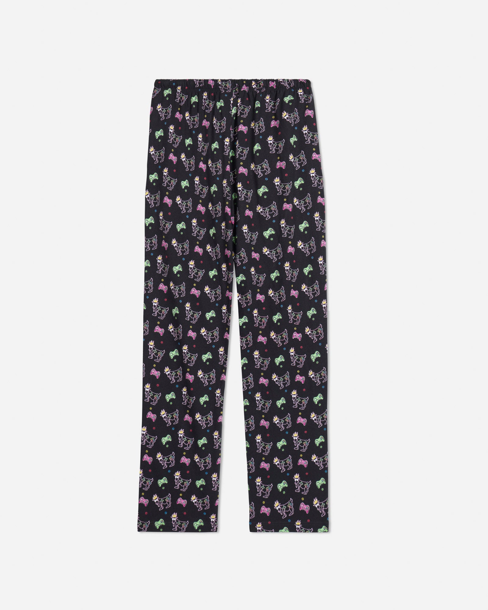 Back of black pajama pants with game controller and gamer goats pattern