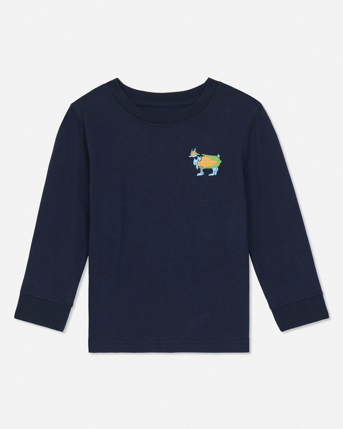 A navy blue long-sleeve crewneck shirt for toddlers, featuring a small colorful goat graphic on the left chest, displayed against a clean white background.