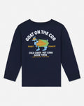 A navy blue long-sleeve crewneck sweatshirt with a colorful graphic on the front. The graphic features a cartoon goat wearing a green and yellow hat, with white text reading 'GOAT ON THE COB' above it and 'COLD CIDER - HOT CORN GOOD TIMES' below it.