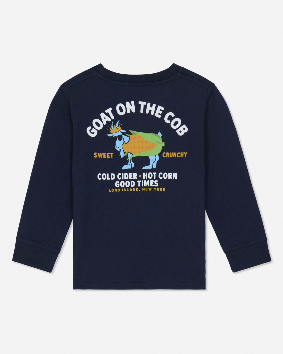 A navy blue long-sleeve crewneck sweatshirt with a colorful graphic on the front. The graphic features a cartoon goat wearing a green and yellow hat, with white text reading 'GOAT ON THE COB' above it and 'COLD CIDER - HOT CORN GOOD TIMES' below it.