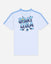 A white short-sleeve t-shirt with light blue shoulder stripes and a large 'GOAT USA' graphic printed on the chest in blue, navy, and yellow, set against a light gray background.