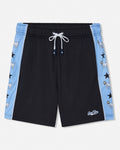 Black athletic shorts with light blue side panels featuring cartoon goat prints, a white drawstring, and a white embroidered logo near the hem.
