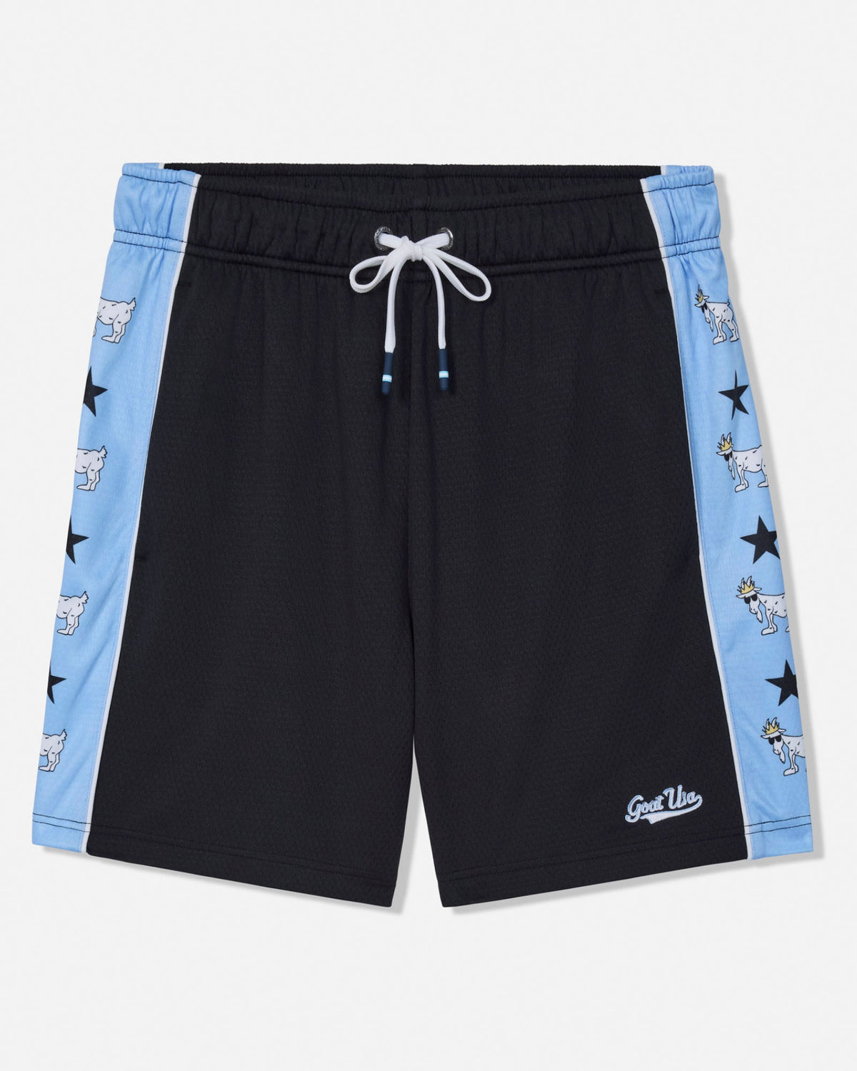 Black athletic shorts with light blue side panels featuring cartoon goat prints, a white drawstring, and a white embroidered logo near the hem.