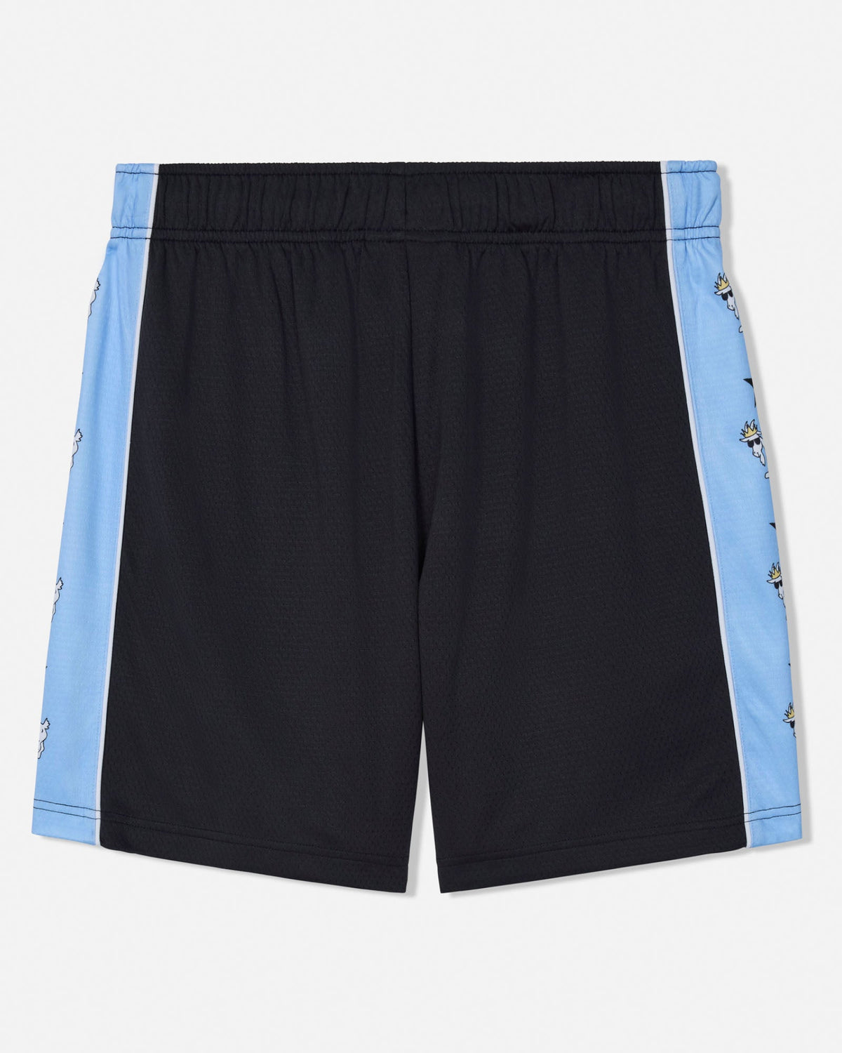 Black athletic shorts with light blue side panels featuring a small floral pattern, shown flat against a light gray background.