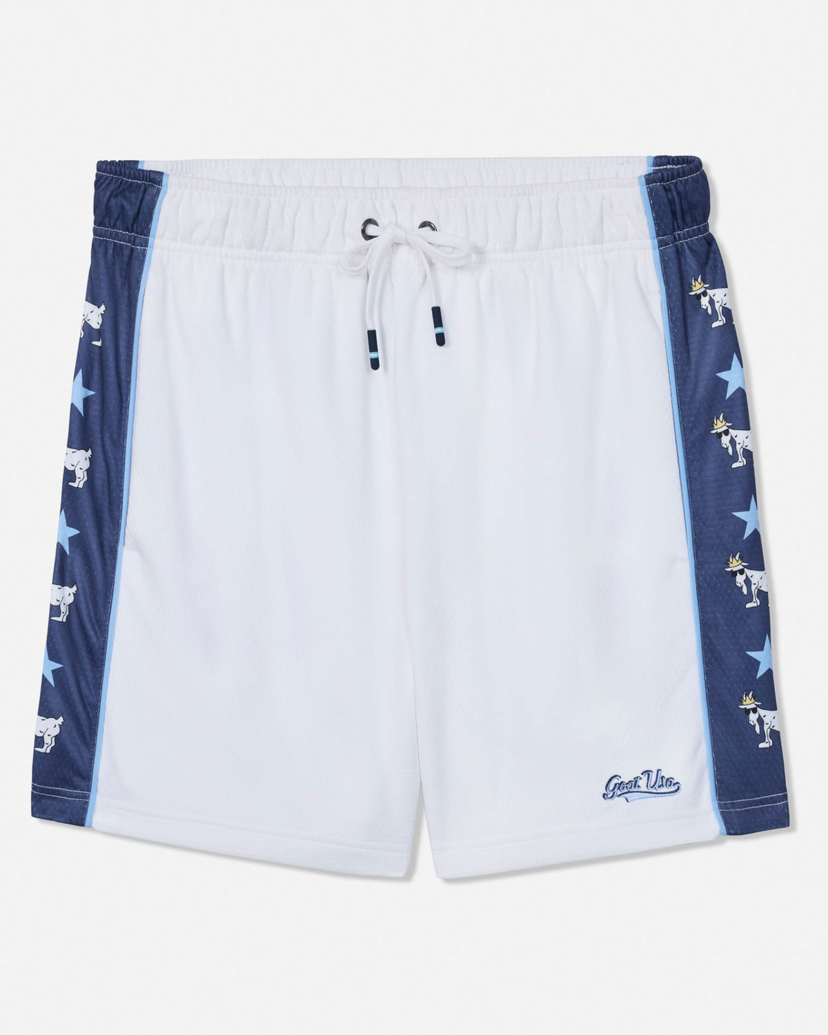 White athletic shorts with navy blue side panels featuring goat and star patterns, a white drawstring waist, and a small 'GOAT USA' logo near the lower right hem.