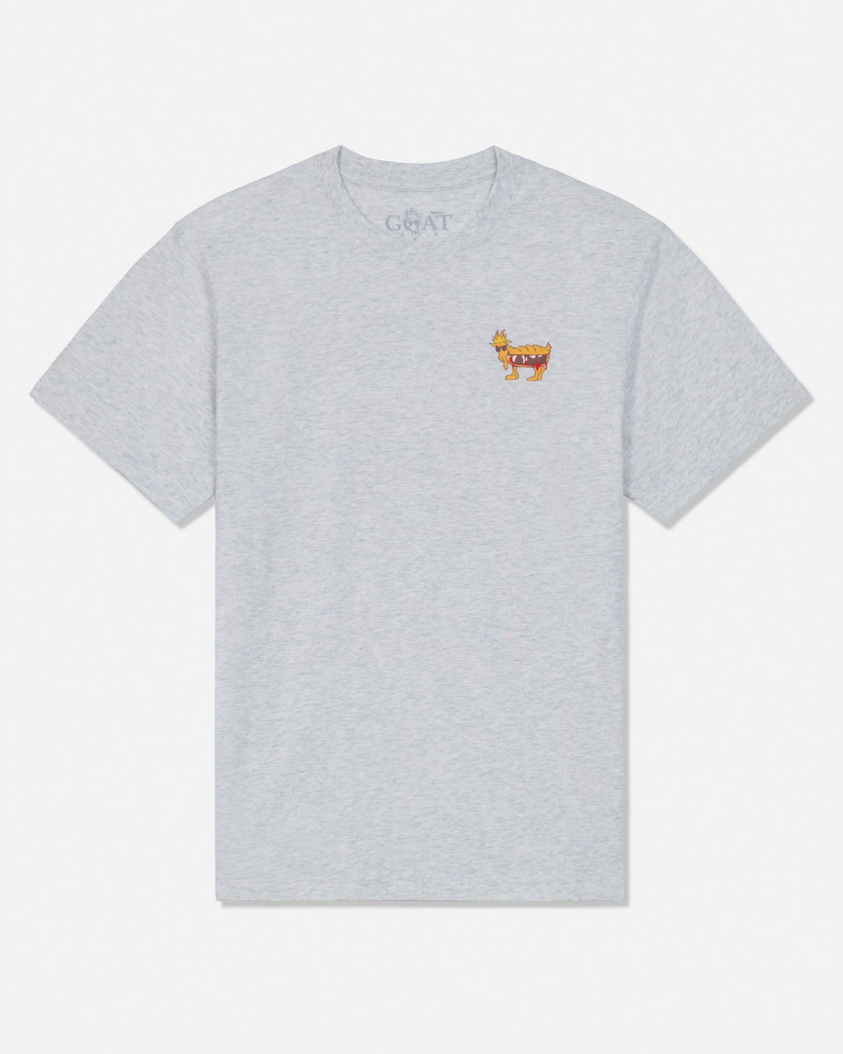 A light gray heather short-sleeve t-shirt with a small embroidered multicolor goat graphic on the left chest and the word 'GOAT' printed inside the collar, shown on a plain white background.