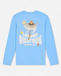 A light blue long-sleeve t-shirt with a graphic on the back featuring a cartoon goat on fire and the text 'GOLDEN GREATNESS THE TOASTED ONE'.