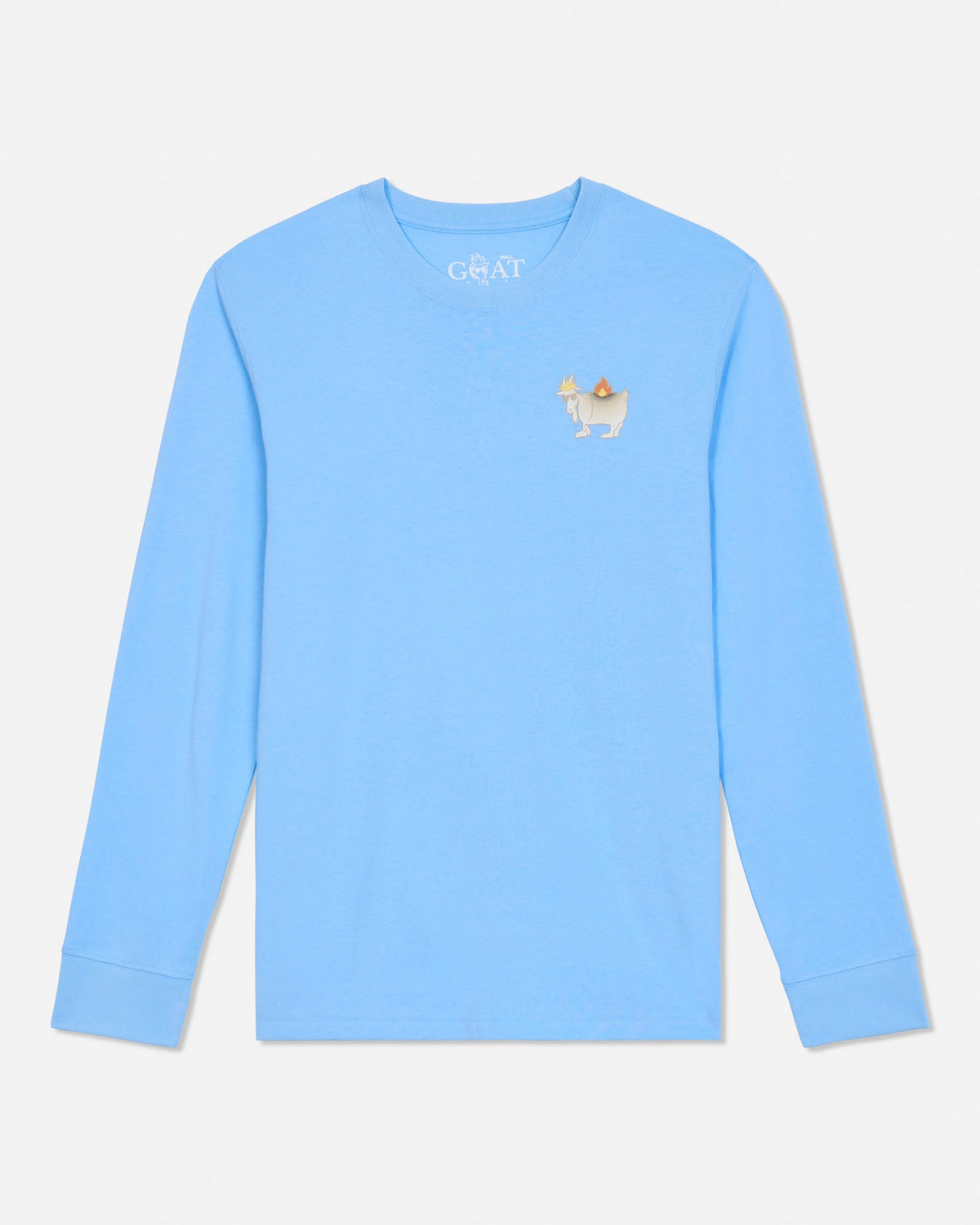 A light blue long-sleeve crewneck shirt by GOAT USA, featuring a small embroidered llama graphic on the left chest with a small orange hat.