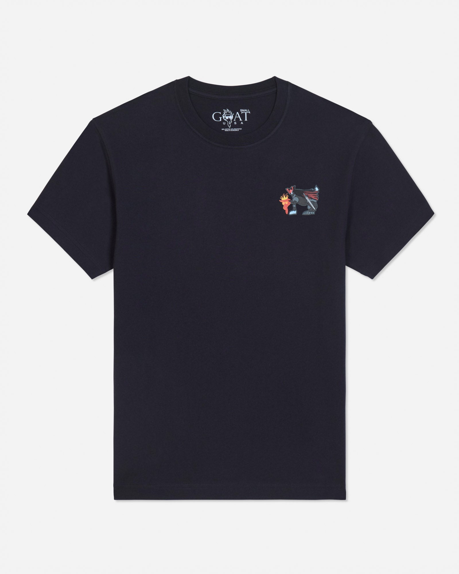 A black blue short-sleeve t-shirt with a small multicolor graphic on the left chest and a visible 'GOAT' brand print inside the collar, shown against a light gray background.