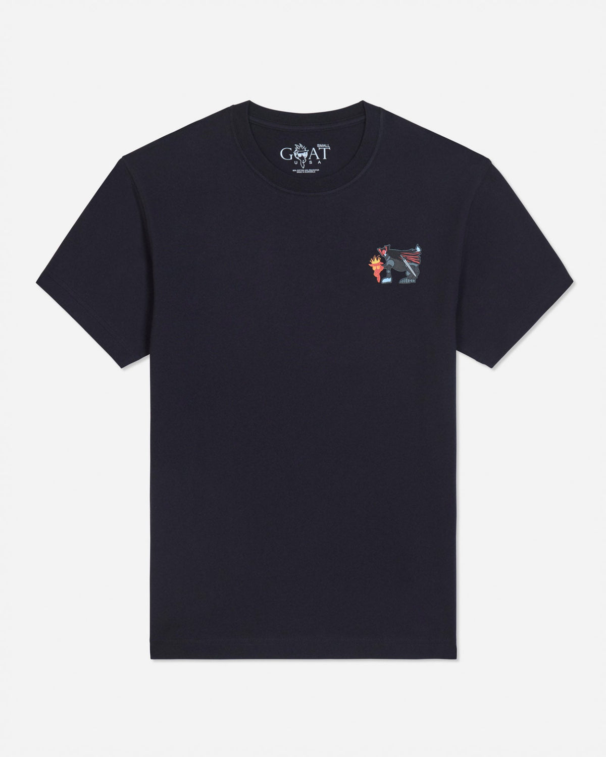 A black blue short-sleeve t-shirt with a small multicolor graphic on the left chest and a visible 'GOAT' brand print inside the collar, shown against a light gray background.