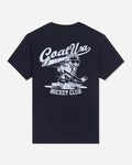 Back of black t-shirt with goat hockey player graphic