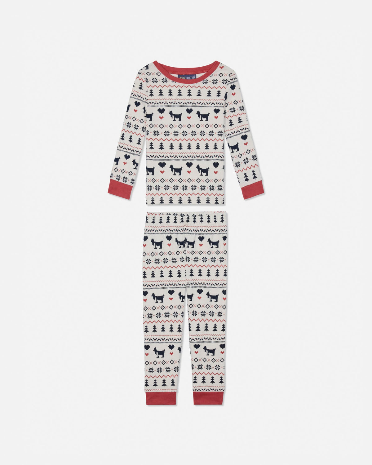 A long-sleeve matching pajama set with a festive Nordic goat print, featuring black and red goat motifs on a white background with red cuffs and collar.