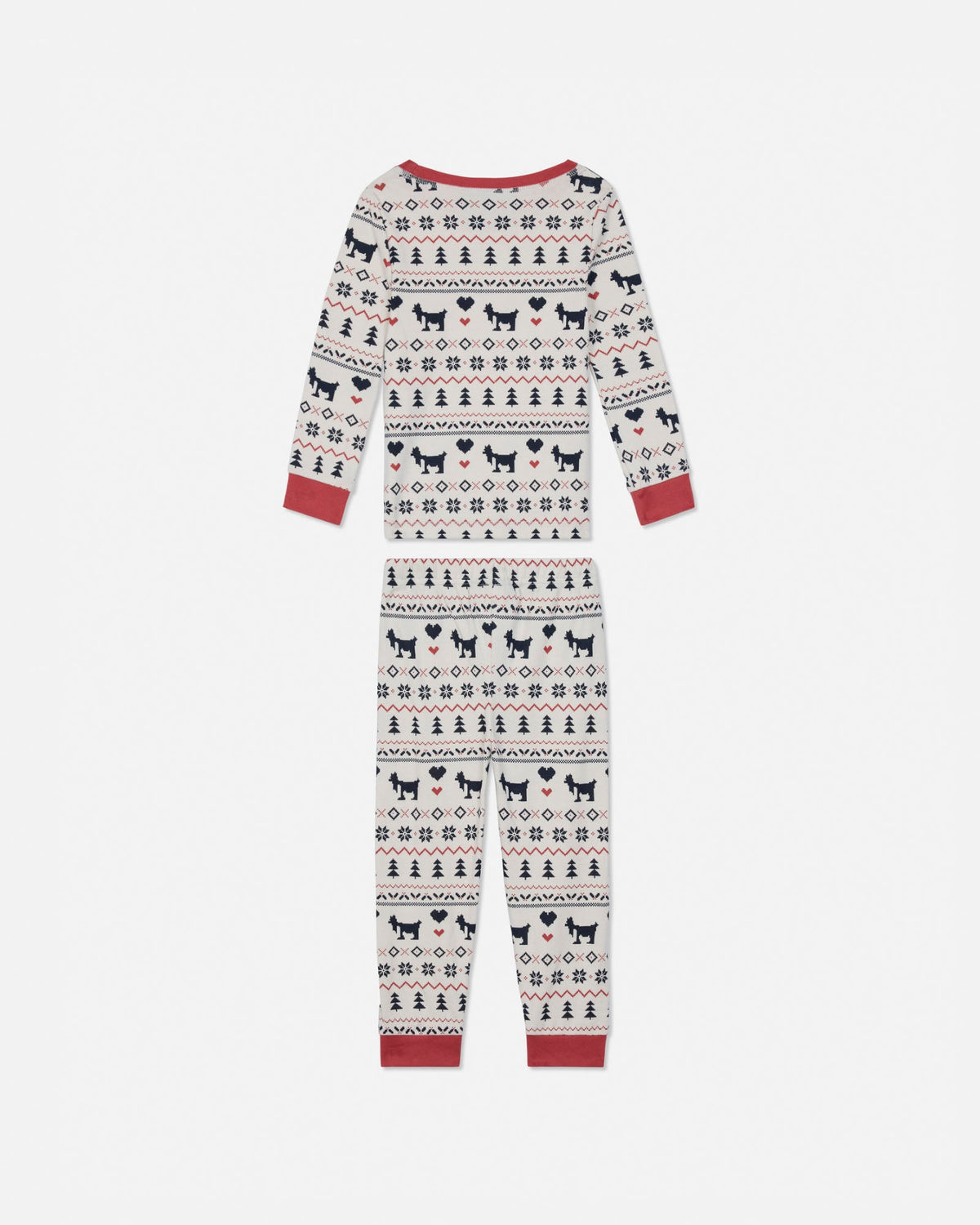 A long-sleeve crewneck pajama set with a white background and a repeating black and red Nordic goat pattern, shown flat against a light gray background.