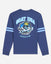 A royal blue long-sleeve t-shirt with a large graphic on the back featuring a cartoon goat hockey player and the text 'GOAT USA HOCKEY'. The sleeves have two light blue stripes, and the shirt is shown against a light gray background.