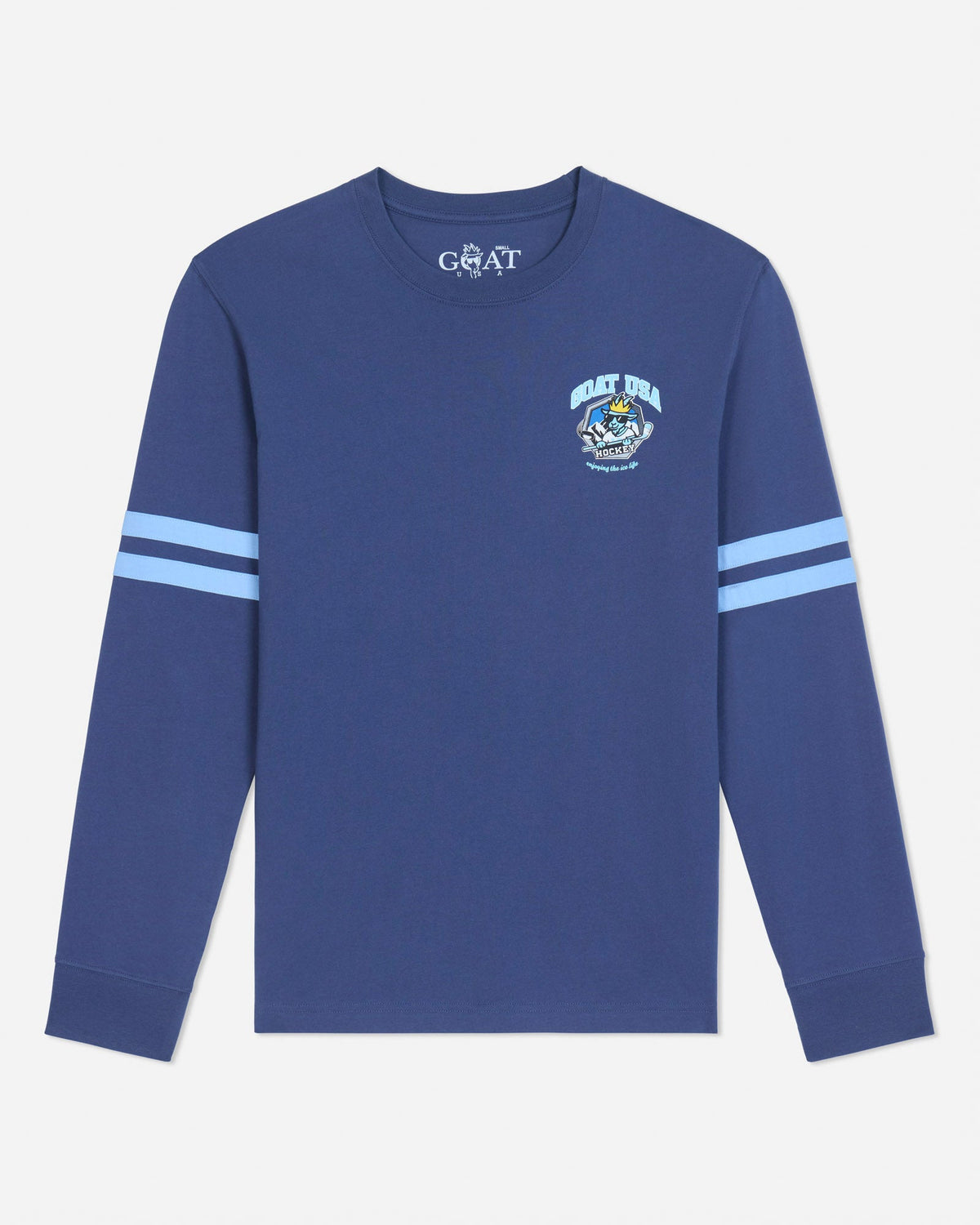 A blue long-sleeve crewneck shirt with light blue stripes on the sleeves and a small graphic on the left chest, displayed on a light gray background.