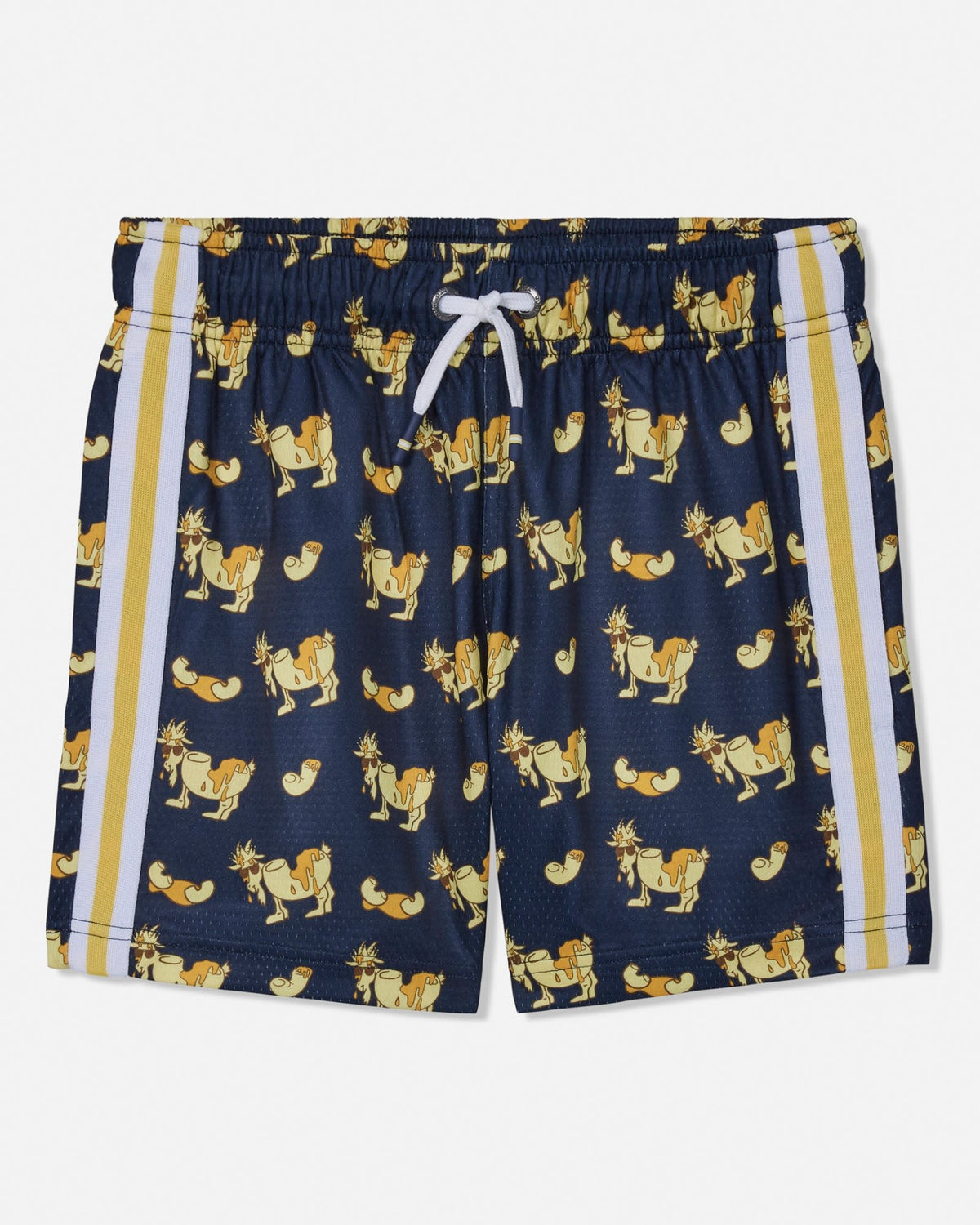 A pair of navy blue athletic shorts featuring a repeating pattern of cartoon goats, accented with vertical yellow and white side stripes and a white drawstring.