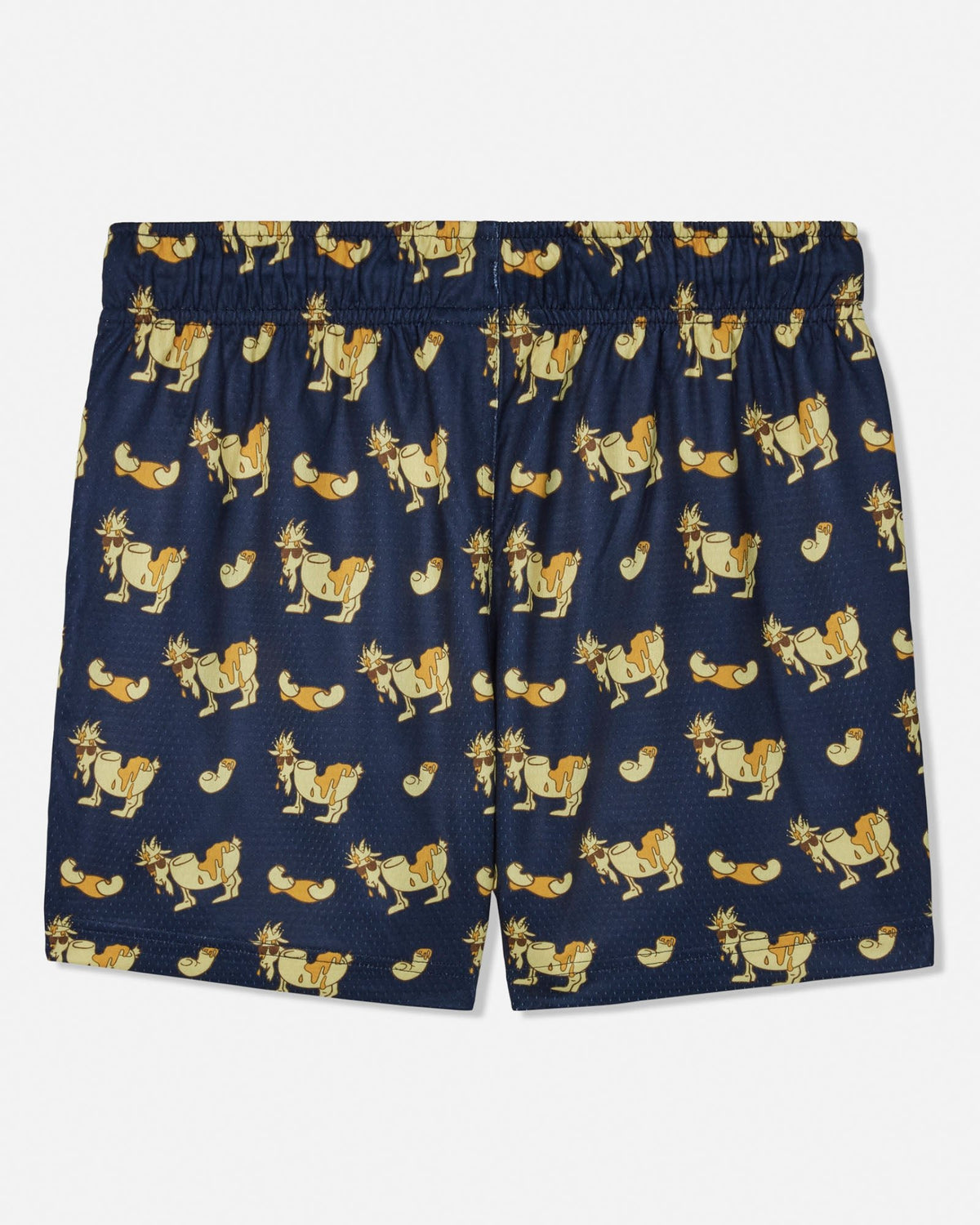 A pair of navy blue shorts featuring an all-over repeating pattern of cartoon goats in yellow, orange, and white, displayed flat against a light gray background.
