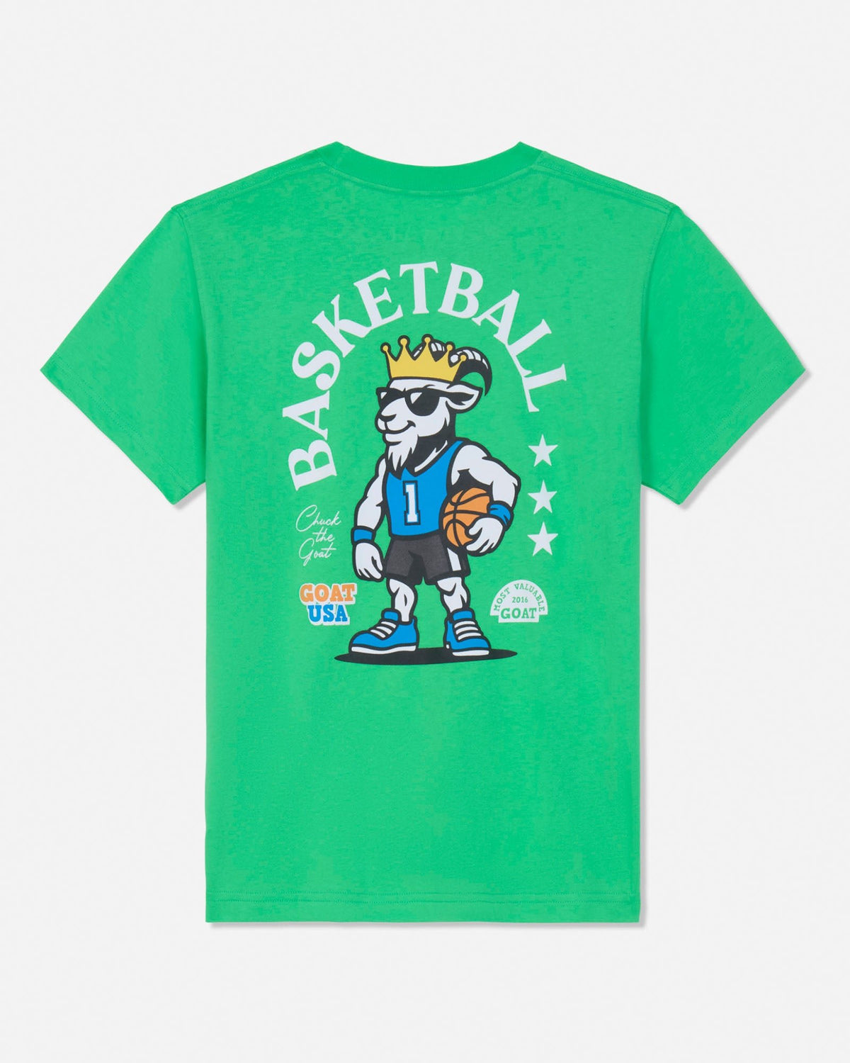 A bright green short-sleeve t-shirt with a large graphic on the back featuring a cartoon basketball goat wearing a crown and sunglasses, surrounded by the word 'BASKETBALL' in arched white letters.