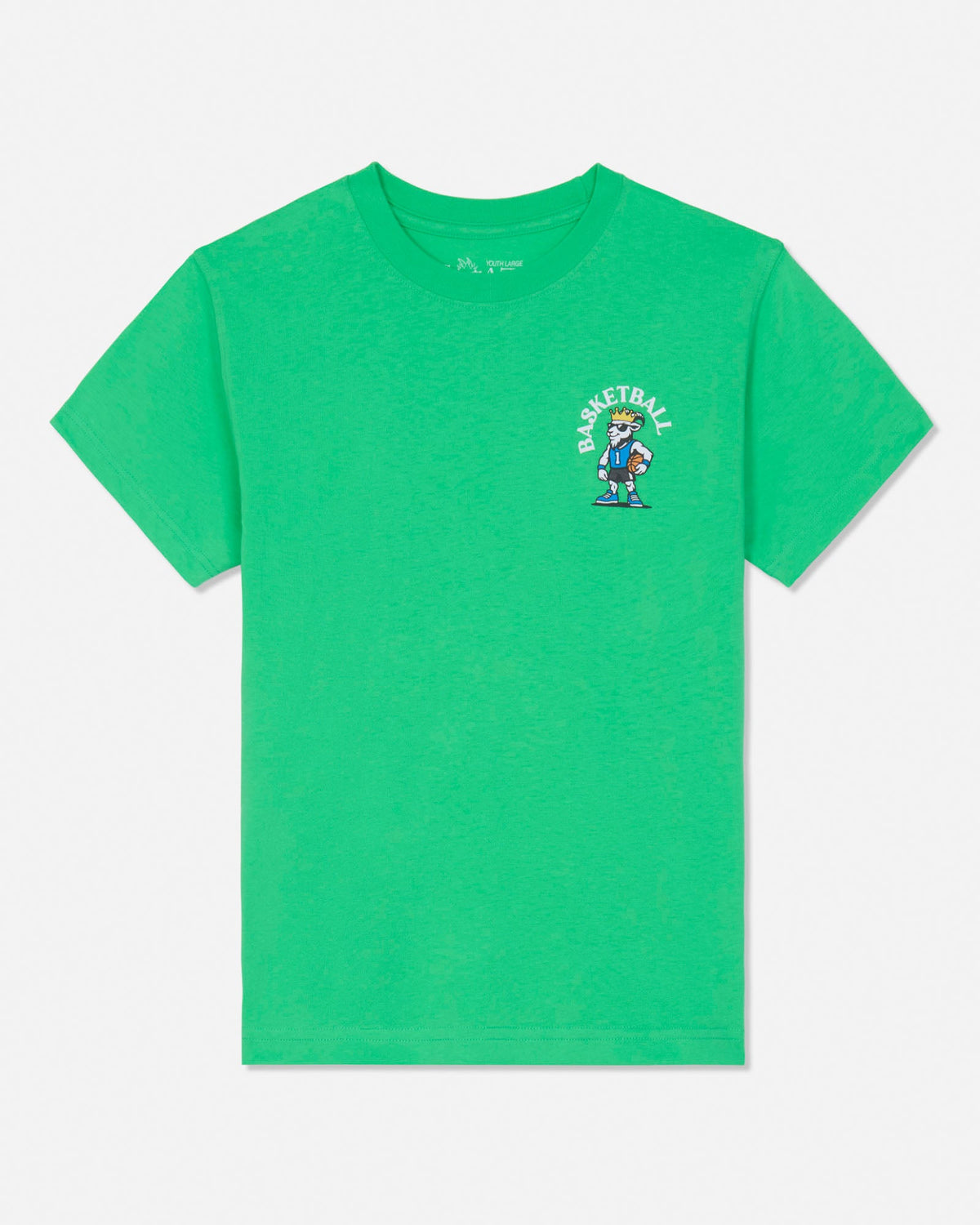 A bright green short-sleeve crewneck t-shirt with a small colorful graphic on the left chest featuring a cartoon character and the text 'BASKETBALL'.