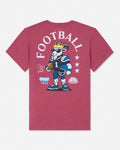 A heathered pinkish-red short-sleeve t-shirt shown from the back, featuring a large graphic of a cartoon football player wearing a gold crown and sunglasses, with the word 'FOOTBALL' printed in white arched above him.