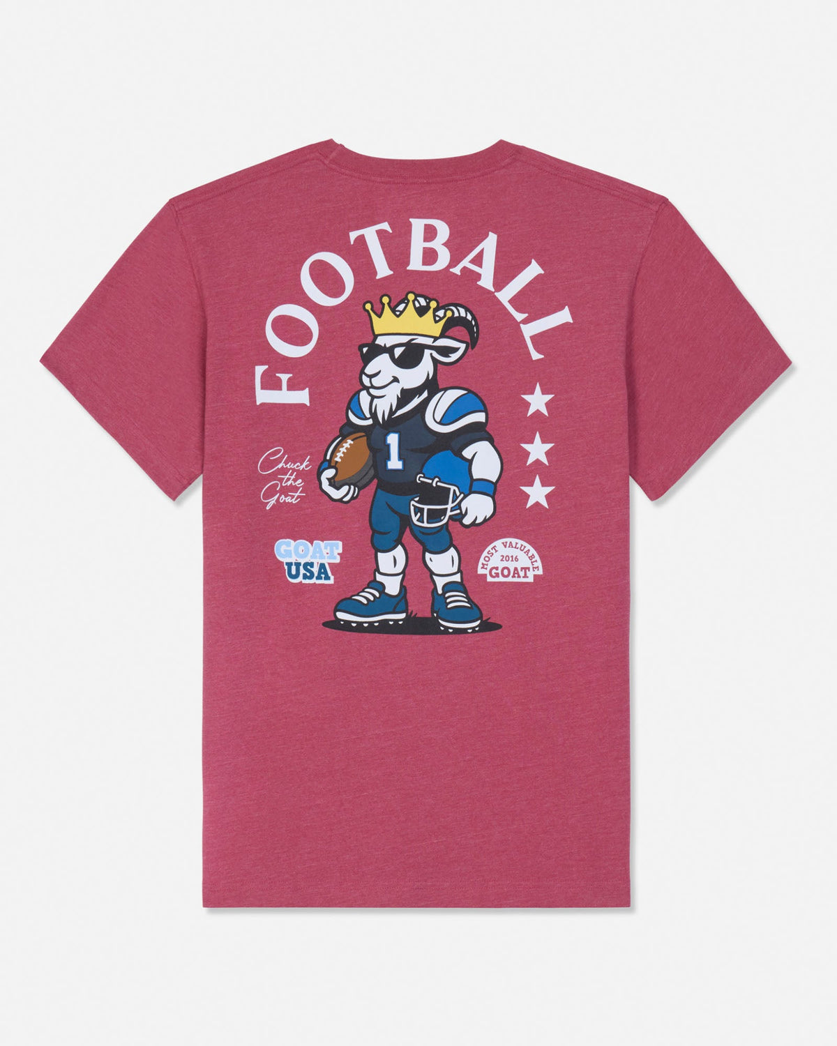 A heathered pinkish-red short-sleeve t-shirt shown from the back, featuring a large graphic of a cartoon football player wearing a gold crown and sunglasses, with the word 'FOOTBALL' printed in white arched above him.