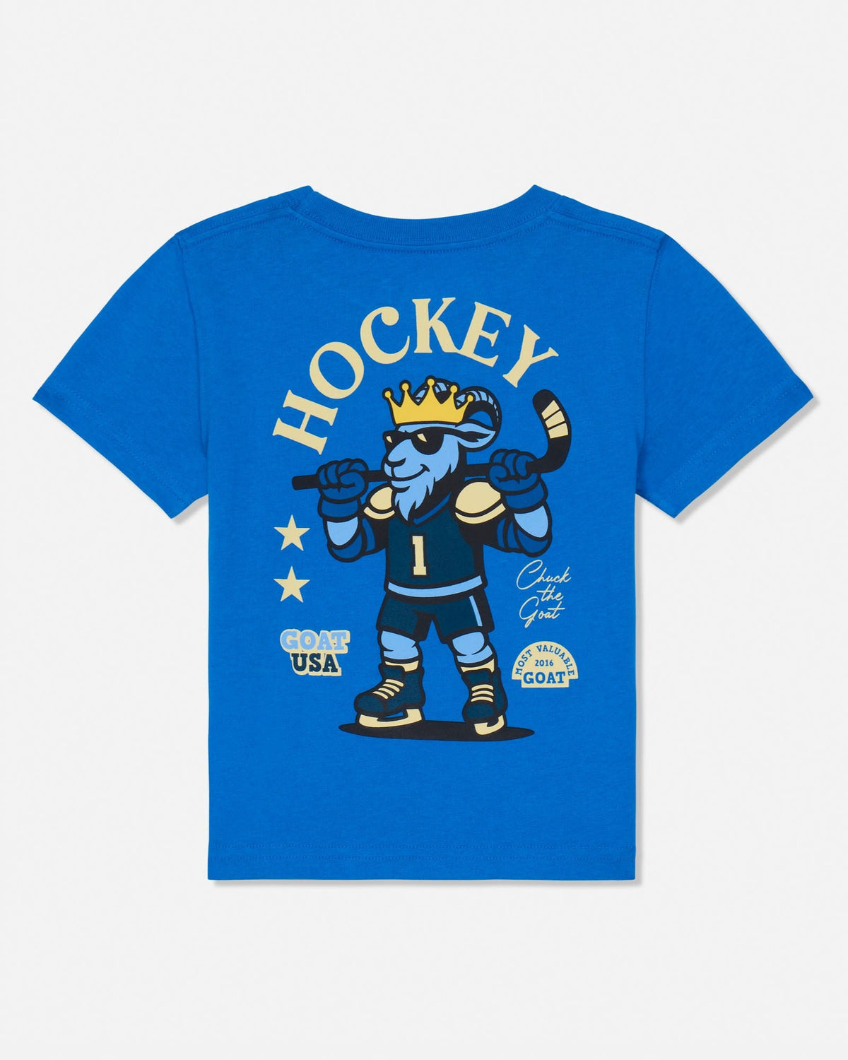 A royal blue short-sleeve t-shirt with a large graphic on the back featuring a cartoon ice hockey player wearing a gold crown and sunglasses, with the word 'HOCKEY' printed above in cream.