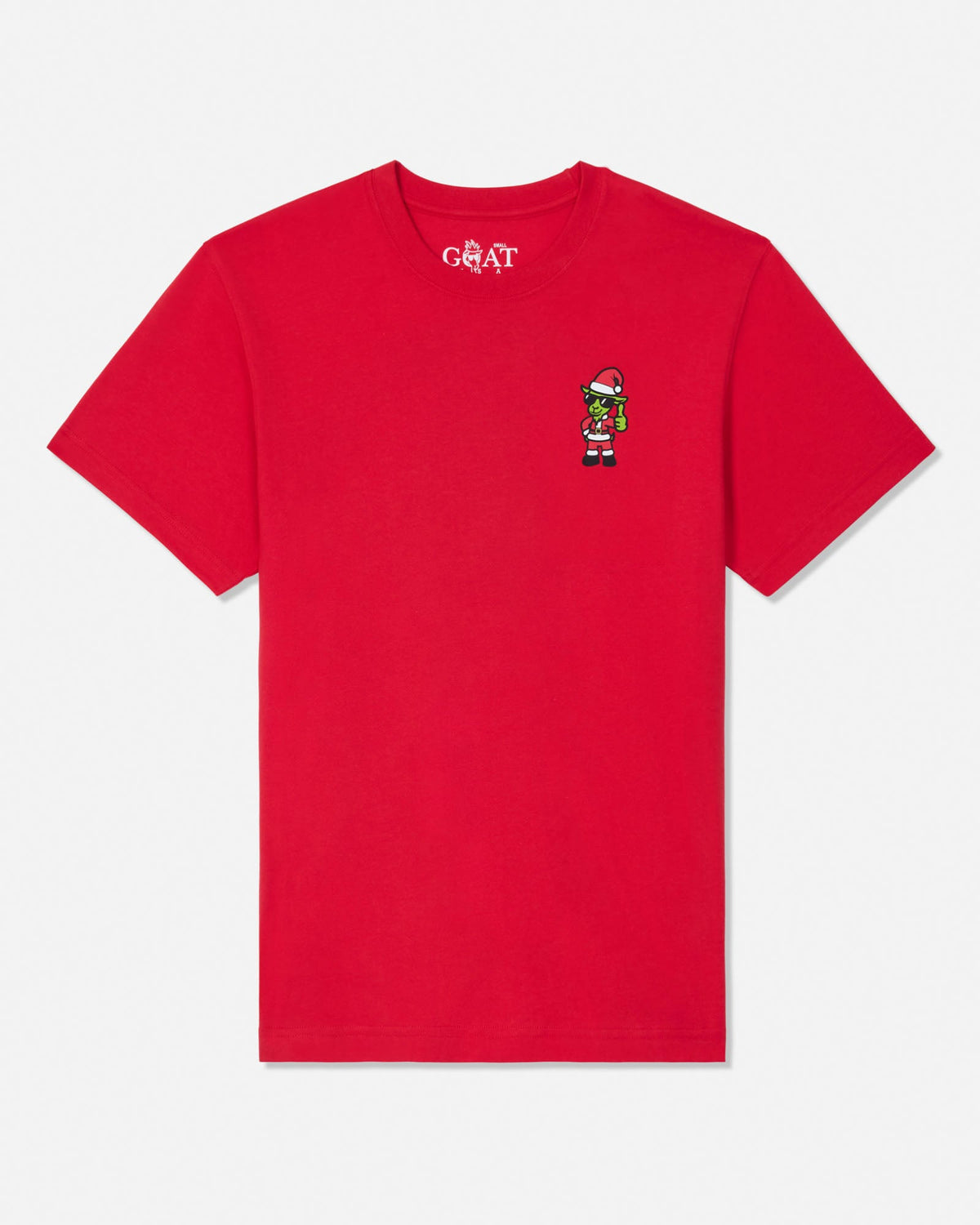 Red t-shirt with green santa goat cartoon character left-chest logo