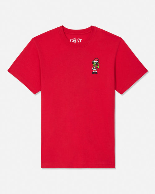 Red t-shirt with green santa goat cartoon character left-chest logo