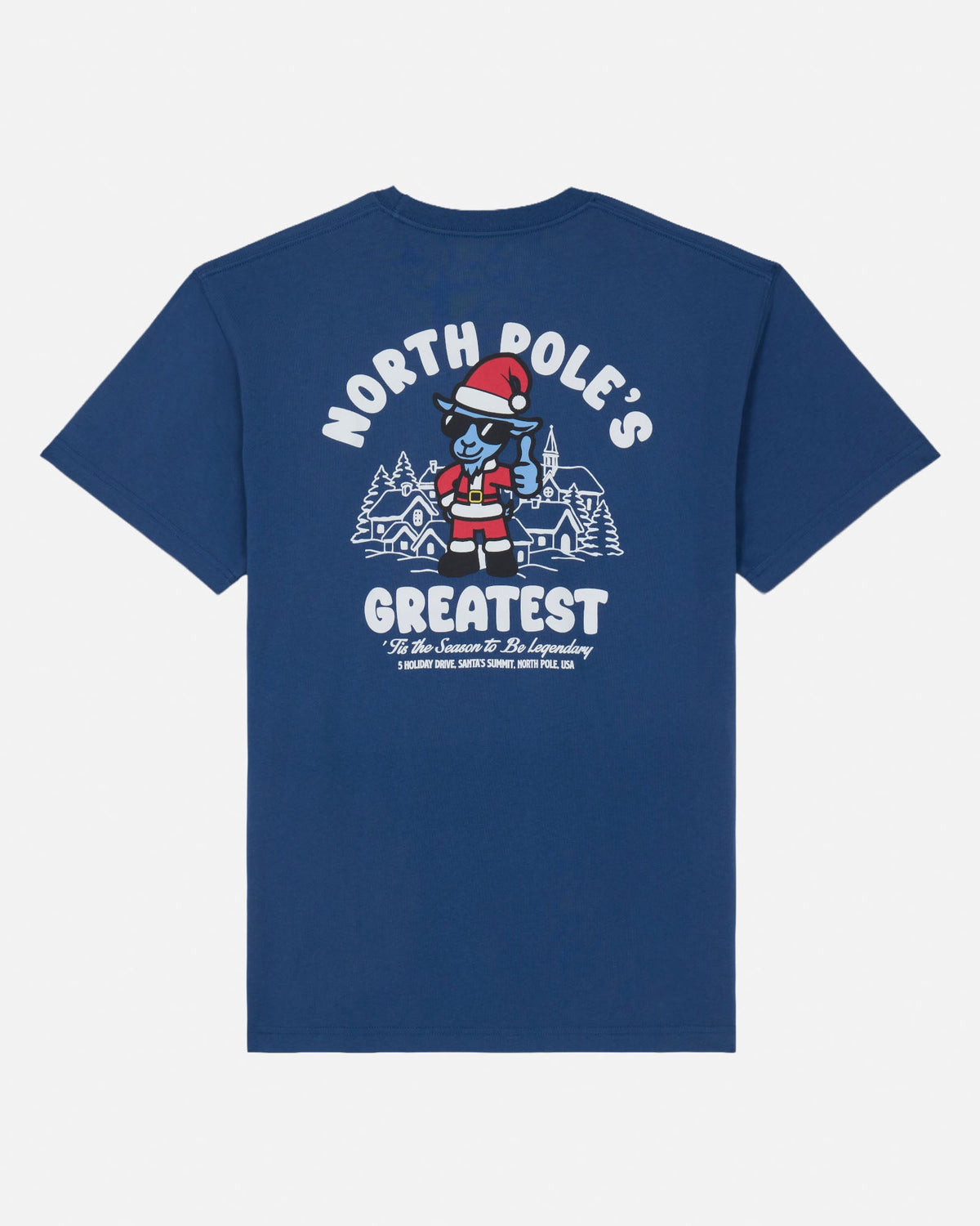 A navy blue short-sleeve t-shirt with a large graphic on the back. The graphic features the text 'NORTH POLE'S GREATEST' in white, a cartoon Santa Claus character, and a small winter village illustration.