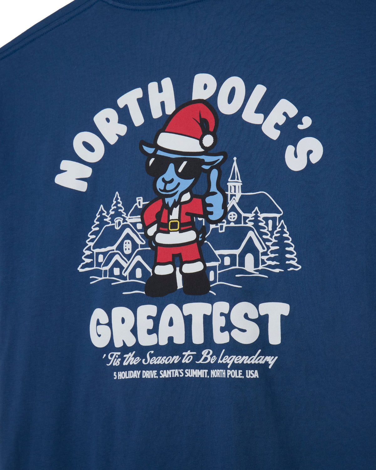 Close-up of a blue graphic t-shirt featuring a cartoon blue goat dressed as Santa Claus with the text 'NORTH POLE'S GREATEST' and a small holiday village illustration.