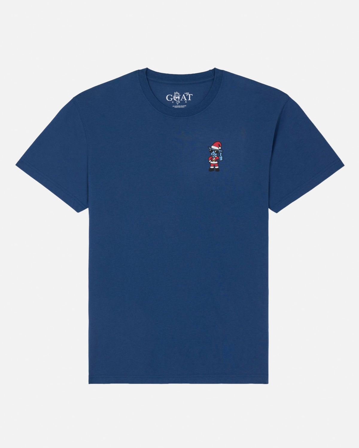 A navy blue short-sleeve t-shirt by GOAT USA, featuring a small embroidered Santa Claus graphic on the left chest and the brand name printed inside the collar, shown against a light gray background.
