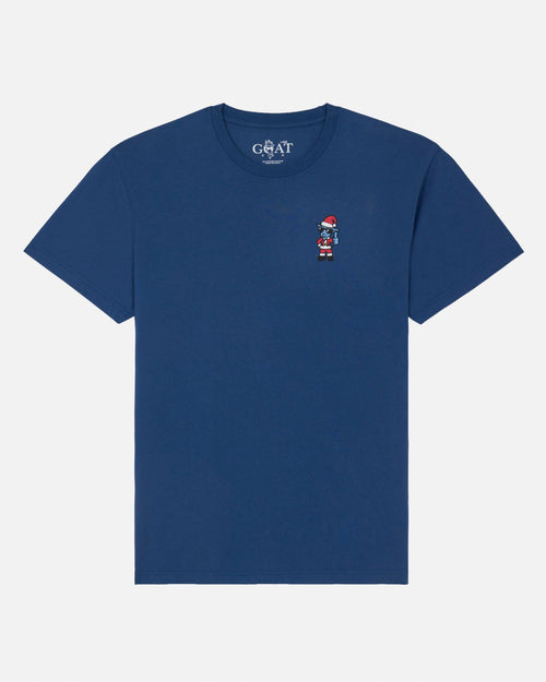 A navy blue short-sleeve t-shirt by GOAT USA, featuring a small embroidered Santa Claus graphic on the left chest and the brand name printed inside the collar, shown against a light gray background.