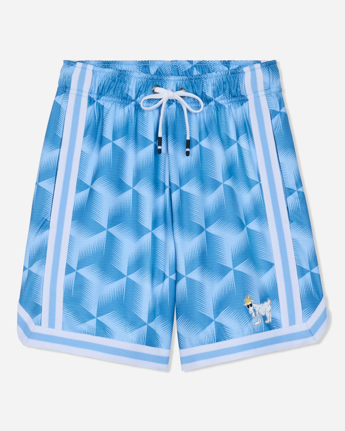 Light blue athletic shorts with a geometric pattern, white side stripes, a white drawstring, and a small white dog logo near the hem.#color_carolina-blue