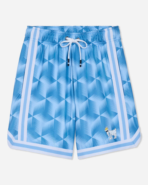 Light blue athletic shorts with a geometric pattern, white side stripes, a white drawstring, and a small white dog logo near the hem.#color_carolina-blue