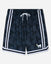 Black athletic shorts with a subtle geometric pattern, featuring white side stripes, a white drawstring, and a small white goat logo with a yellow flower on the lower left leg.#color_black